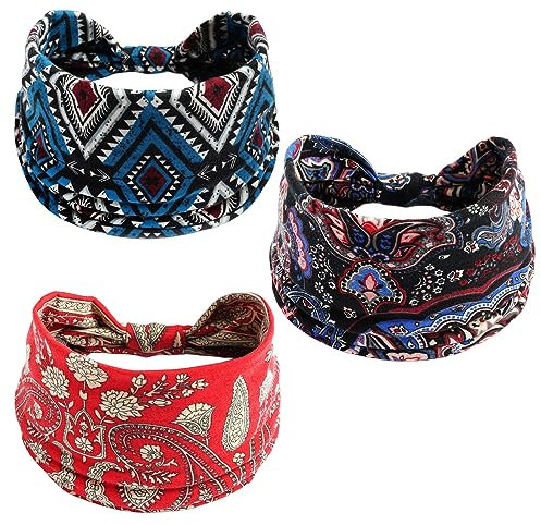 Boho Stirnband Damen Boho Stirnbänder Blumen Headwraps Vintage Haarband Elastischer Kopftuch für Damen und Mädchen (3 Stück), 14023
