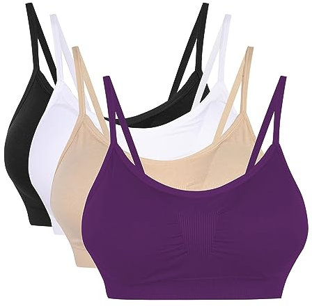 Vertvie Womens Strech Duenn Ohne Buegel Push up Yoga Sports BH Bra Top Set Fuer Fitnesstraining Polsterung 3er Pack (Schwarz+Weiß+Hautton+Dunkellila, EU L/Tag XL)