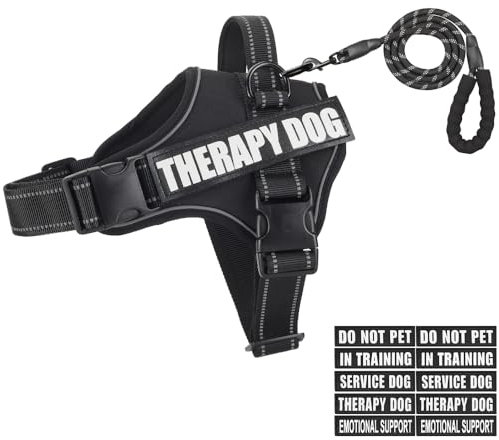 Animire Hundegeschirr, Geschirr und Leine, reflektierend, für Training, mit 10 Patches, 3 Ringen, emotionale Unterstützung, Therapie, Hundegeschirr für kleine, mittelgroße und große Hunde (Schwarz,