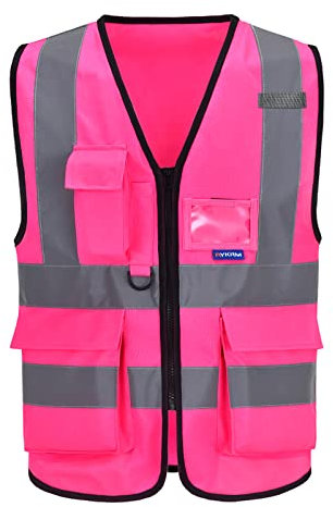 AYKRM Rosa Sicherheitsweste Warnweste Reflektierendes WarnschutzWeste Rosa Warnweste mit Reflektorstreifen mit Reißverschluss und Taschen Arbeitsweste