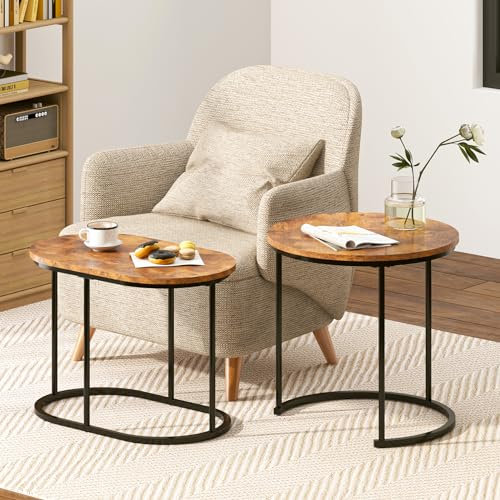 SogesHome Satztische fürs Wohnzimmer 2er Set Couchtisch Beistelltisch Sets Wohnzimmertisch Nachttisch Satztisch Pflanztisch mit Metallgestell, einfacher Aufbau