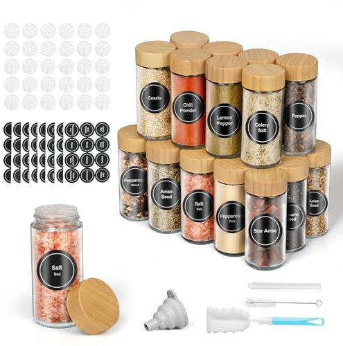 FRIBERG 24 Pots à épices Ronds en Verre Avec Couvercles et en Bois, 120 ml, Rangement des épices de Cuisine, Avec éTiquettes, Stylos, Brosse de Nettoyage, Entonnoir et Tamis