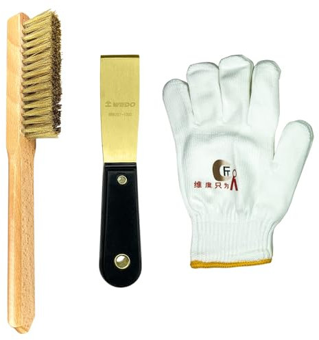 WEDO 3-teiliges Spachtel Set,Messing Malerspachtel mit Kunststoffgriff,32mm breit,Länge 200mm,Messing-Drahtbürste mit Holzgriff,Länge 290mm,Handschuhe,Palettenmesser Kratzer zum Entfernen