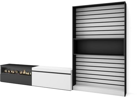 Skraut Home | Muebles de Salón para TV | Conjunto de Muebles Comedor | 210x186x35cm | para TV hasta 80 | Chimenea eléctrica | Estilo Moderno | Blanco y Negro