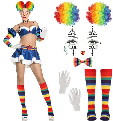 8STK Clown Kostüm Accessoire, Regenbogen Clown Perücke Bunt Gestreifte Socken Glitzersteine Gesicht Regenbogen Fliege Weiße Handschuhe, Mardi Gras Clown-Zubehör für Damen Kinder für Halloween Karneval