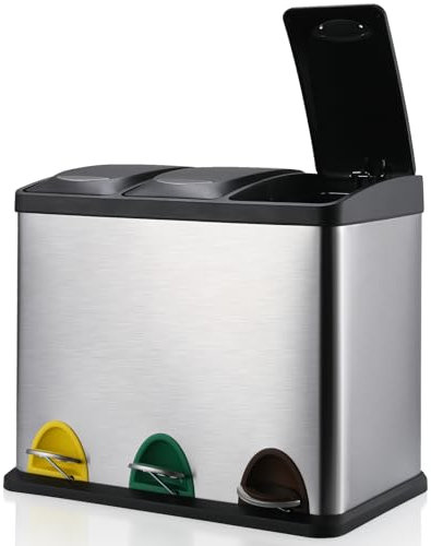 LIFERUN Cubo de basura con 3 compartimentos, 3 sistemas de separación de basura de 8 litros, cubo de basura de cocina de 24 litros, pequeño cubo de acero inoxidable con tapa, cubo interior extraíble,