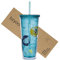 bzyoo Doppelwandiger Kunststoffbecher, Deckel und Strohhalm, für kalte Getränke, Reisebecher, wiederverwendbar, Partybecher, Büro, Outdoor, Esszimmer, Pool, 710 ml, Medaillon OrangeFarbe: Grüner
