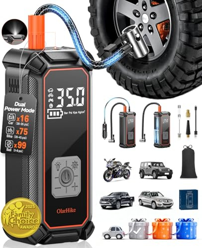 OlarHike Cordless Tire Inflator Portable Air Compressor, Dual Power - 5400 mAh & 12V DC, Air Pump for Car Tires, Bike, Motorcycle, Bicycle, Electric Pump with LED Light & Digital Pressure Gauge