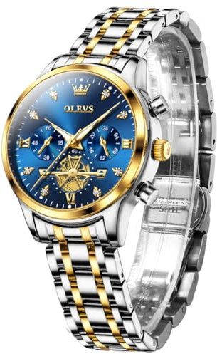 OLEVS Luxus Damen Quarzuhr aus Edelstahl Gold und Silber wasserdicht mit Datum, 2897:Gold- und Silberband und blaues Zifferblatt, Armband