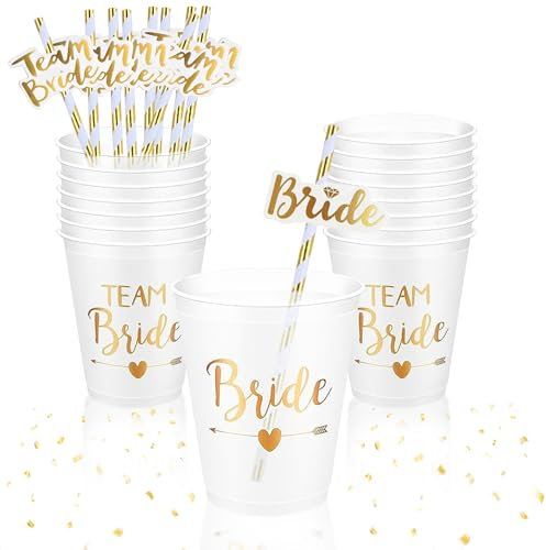 CIYIN Braut und Team Braut Tassen 12 Stück, Team Bride Becher und Strohhalme, JGA Cups Bride Tribe Becher, Bachelorette Party Cups, Team Braut Schnapsgläser Becher Bride to be Deko, 450ml