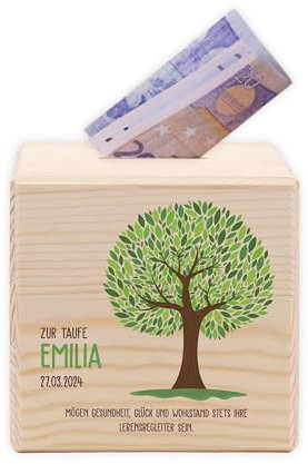 LAUBLUST Kinder Spardose Personalisiert mit Namen - Lebensbaum | Sparschwein aus Holz - Personalisierte Geschenke zur Taufe, Kommunion, Konfirmation, Geburtstag | Taufgeschenke für Mädchen & Jungen
