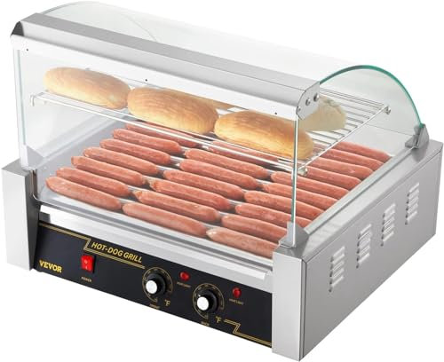 VEVOR Rullo per Hot Dog, 11 Rulli, Macchina per Grigliare Salsicce in Acciaio Inossidabile con Doppio Controllo della Temperatura, 30 Hot Dog, 2,2KW Coperchio Hot Dog Ripiano Riscaldante per Panini