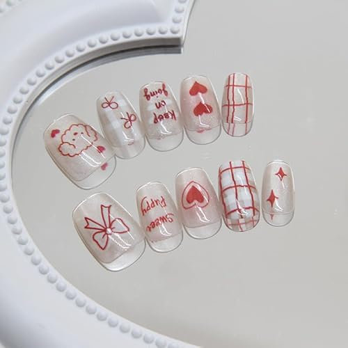Mgmxbsth 30Pcs Press on Nails Short, Cute Glossy Fake Nails, Glue on Summer False Nails With Designs Stick on for Women (Pink Cats and Dogs)