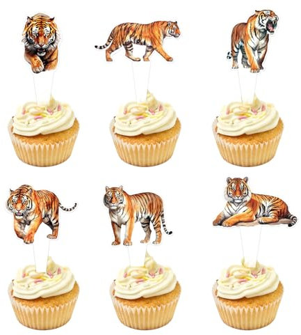 30 Stück Doppelseitiges Tiger Cupcake Topper Partyartikel zum Thema Wildtiere Zoo Tiger Papier Tasse Kuchen Dekoration Tiger Party Event Zubehör Tierkuchendekoration