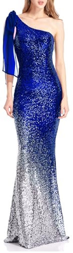 Angel-fashions Damen Asymmetrisches Band Gradient Pailletten Meerjungfrau Langes Ballkleid Königsblaues Silber 42