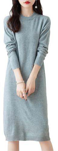 Ailaile 100% Merino Wool Sweater Dress Women's Mid-Length O-Neck Long Sleeve Pullover Crewneck Autumn Winter Knitted Dress Gray Green