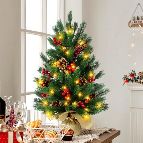 24 Inch Pre-lit Christmas Pine Tree, Small Table Top Xmas Tree with 50 Warm White Lights, Battery Powered with Timer