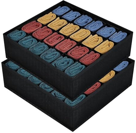 DIMJ Aufbewahrungsboxen für Drawer Organizer- 24 Zellen Schublade Organizer, Faltbare Socken Organizer, Schubladen Ordnungssystem, Kleiderschrank Organizer für Krawatten, Gürtel, 2 Stück Schwarz