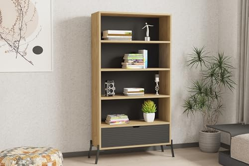 Hanah Home Industrial Bookshelf with Iron Legs, Sapphire Oak & Anthracite, 83.6 x 160 x 30 cm | 100% Melamine Coated, 18 mm Thick | Stylish Storage Solution