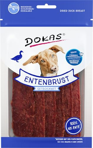 DOKAS Entenbrust getrocknet – Getreidefreier Premium Snack in Scheiben für Hunde – 12 x 70 g