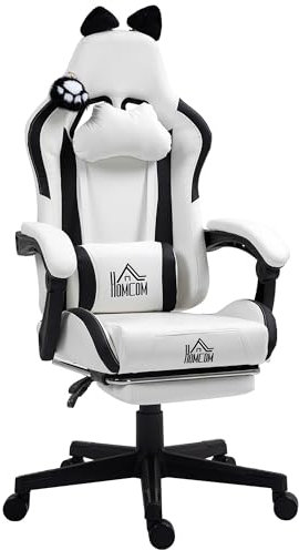 HOMCOM Silla Gaming con Orejas Silla Gamer Reclinable 135° con Altura Ajustable Reposapiés Retráctil Soporte Lumbar y Reposacabezas Desmontable Silla para Oficina Estudio Blanco