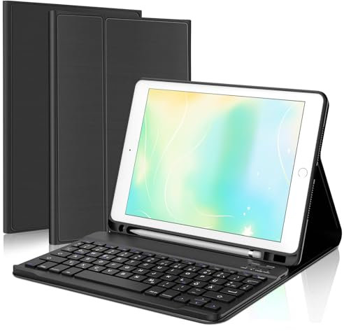 JADEMALL Tastatur Hülle für iPad 6. Generation 2018, iPad 5. Generation 2017, Pro 9.7 Zoll, Air 2 & 1, Wireless Bluetooth Tastatur QWERTZ Deutsch mit Stifthalter, Schwarz