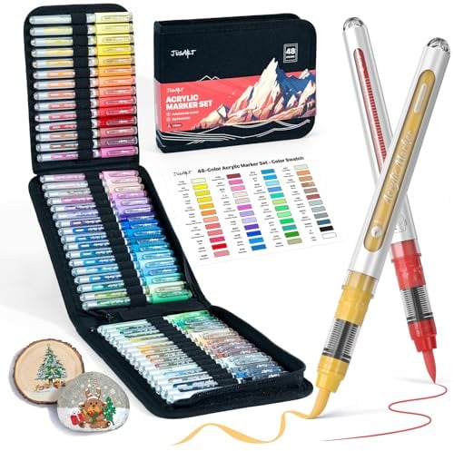 JusArt 48 Colours Acrylic Paint Markers with Canvas Bag – Water-Based No-Bleed Paint Pens with Automatic Ink Control, Waterproof Brush Markers for Rock, Wood, Fabric, Glass, Eggs & DIY Crafts