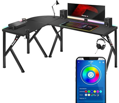 huzaro Hero 6.3 RGB | Eckschreibtisch Gaming Tisch mit RGB-Beleuchtung | Steuerung per App oder Fernbedienung | Beidseitig montierbar | Ergonomisches Design | Kopfhörer- & Getränkehalter
