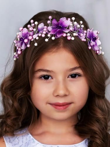 IYOU Blume Hochzeit Stirnband Lila Perle Kopfschmuck Stern Handgefertigt Geburtstag Kommunion Haarschmuck für Mädchen