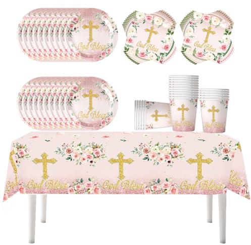 Stoviglie per la festa della comunione,Fuwraixis 61 pezzi God Bless Decorazioni a tema Compleanno Piatti, tazze, tovaglioli per battesimo di un neonato,con motivo a croce,20 Ospiti