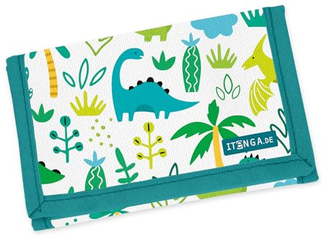 itenga Kinder Geldbörse - Geldbeutel und Brustbeutel - mit Klettverschluss, Kordelband, Geldscheinfach und Münzfach Sichtfenster für Mädchen und Jungen (Motiv Dinos)