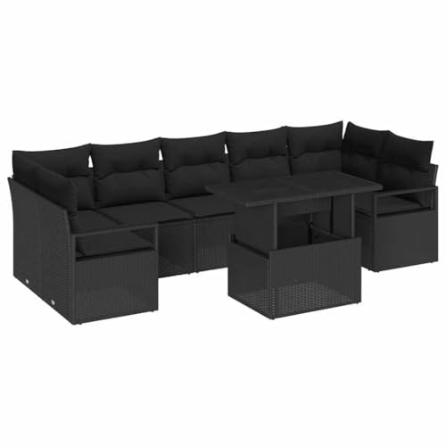 vidaXL 8-teiliges Gartensofa-Set mit Kissen in Schwarz aus Poly Rattan. Modular und für 4 Personen geeignet. Verstellbare Füße. Ideal für Balkon und Terrasse. Perfekt für den Sommer!