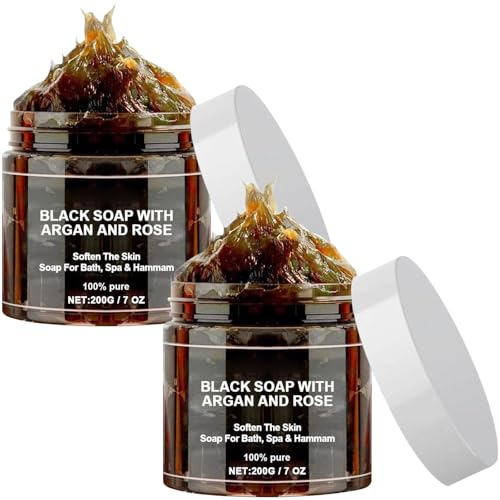 Moroccan Black Soap, 200g African Black Soap Bar With Argan And Rose, Deep Cleaning Morocco Body Moisturising Scrub For Whole Body, Exfoliating Moisturising Soap For Shower (2)