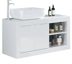 Robas Lund Basic Waschtisch, Modern, Badezimmer, 92x61x47 cm, Weiß Hochglanz, Keramik-Waschbecken, Wandmontage, 2 Türen