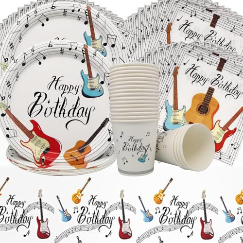 Vaisselle D'anniversaire Musique,61Pcs Set de table pour fête d'anniversaire Guitare Assiettes en carton Tasses en carton Essuie-tout Nappes en Carton pour de bébé Décoration pour fête de Musique