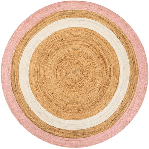 Aizza Trends Alfombra de yute natural tejida a mano con ribete blanco y rosa, diseño de granja sólida, alfombra de dormitorio, sala de estar, comedor - 91 cm x 91 cm redonda (3x3 pies)