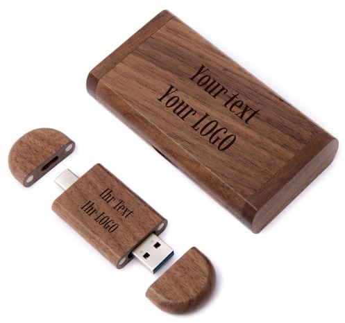 MEMORABBIT Ovaler Holz-Stick in Box, 4–256 GB, USB 2.0–3.0, USB-C 3.1/3.2, graviertes Logo/Text USB Flash Drive Memory Wood Walnuß/Ahorn Holz (1 Stück Walnuss – Gravur, 128 GB 3.0 + USB-C 3.2)