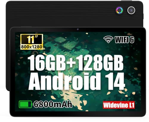Laptok Tablet 11 Pollici, 16GB RAM + 128GB ROM Espandibile fino a 1TB, Batteria 6800mAh Android Table, tDisplay IPS HD 1280×800, WiFi 6, Bluetooth5.3, 5MP+8MP, Widevine L1, Nero