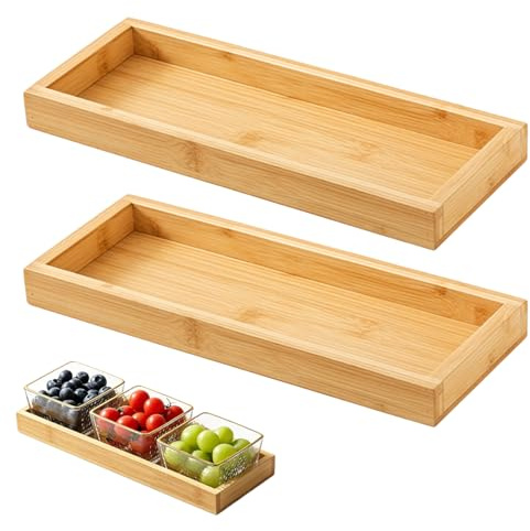 2 Piezas Bandeja Madera, 29 x 10,6 x 2,8 cm Bandeja Madera Rectangular | Bandejas de Bambú Natural, Diseño con Bordes Elevados, Bandejas Bambu con Asas para Baño, para Cocinas, Baños y Tocadores