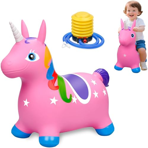 Hüpftier Einhorn mit Luftpumpe – Buntes Springpferd für Kleinkinder 0–3 Jahre – Aufblasbares Hüpfspielzeug aus dickem, ungiftigem PVC – Anti-Kipp Design, rutschfest & langlebig – Für Kindergarten & Zu