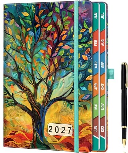 Tagesplaner 2027 A5，Tageskalender 2027 mit 1 Seite pro Tag | Monatsübersichten, Farbige Register, Stiftschlaufe, 2 Lesebänder & Innentasche, Hardcover Terminplaner für Beruf & Alltag