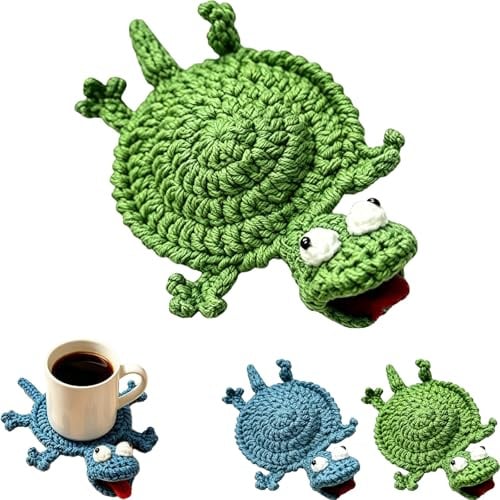 Untersetzer mit Gehäkelter Eidechsen, Niedliche Handgefertigte 3D Amigurumi Tieruntersetzer für Tassen Becher, Lustiges DIY Wohnaccessoire für Anfänger und Erwachsene (Grün)