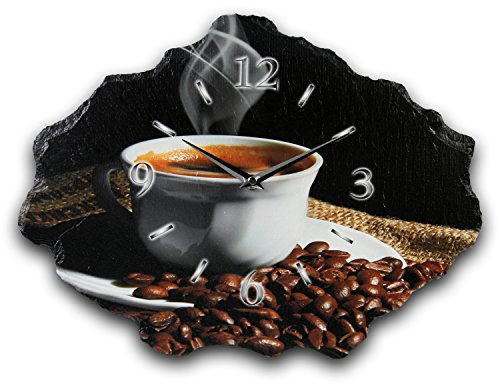 Kreative Feder Designer-Wanduhr aus Stein (Keramik) 40x30cm cm mit flüsterleisem Uhrwerk (Kaffee-Tasse, leises Funkuhrwerk)