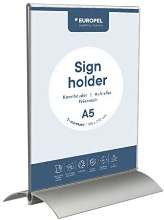 EUROPEL Tischaufsteller, L-Ständer, DIN A5 Hoch, Aluminium Acryl, Speisekarten- & Prospektständer für Restaurants, Hotels, Konferenz & Rezeption Freistehend & leichte Schräglage