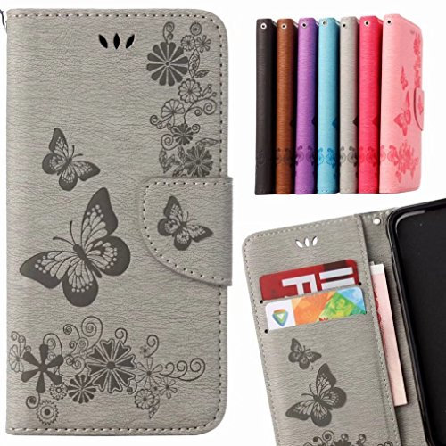 LEMORRY pour Wiko Harry Etui Cuir Portefeuille Pochette Mince Bumper Protecteur Magnétique Fermeture Standing Fente Carte Silicone TPU Housse Cover Coque pour Wiko Harry, Chanceux Papillon (Gris)