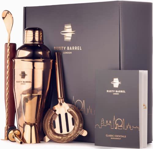 Rusty Barrel Kit Cocktail Park Lane avec Shaker Cocktail Couleur Cuivre en INOX de Style Manhattan | Coffret à Cocktail | Barman Kit Complet avec Doseur à Cocktail et Livre de Cocktails