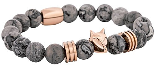 Akitsune Obsidian Perlenarmband | Premium Armband für Männer | Perlenarmband Herren mit Edelsteinen & Edelstahl Fuchs-Emblem | Tolle Geschenkidee - Rosegold Grau - 20cm