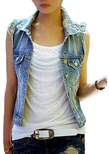 Runyue Damen Ärmellose Zerrissene Gewaschen Jeans Weste Fit Beiläufige Cowboy Denim Jacke Weste Jeansweste Blau M