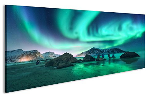 islandburner Bild Bilder auf Leinwand Green Aurora Borealis und Fotografen. Aurora.Nordlichter in Lofoten-Inseln, Norwegen. Sternenhimmel Wandbild, Poster, Leinwandbild JTX
