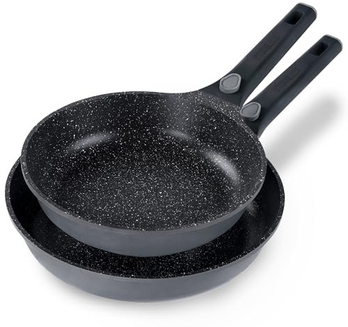 STONELINE SMART Set di Padelle 2 pezzi 24/28 cm, Padella Induzione Grande in Alluminio Pressofuso, Manico Rimovibile, Tutti i Tipi di Piani Cottura, Antiaderente con Vere Particelle di Pietra, Grigio